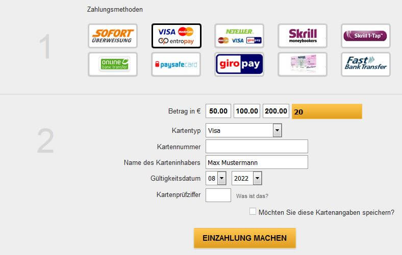 Wird die Zahlungsart Kreditkarte angeboten, wählen Sie die Kartenart, z.B. Visa, Master oder American Express. Geben Sie die Kreditkartennummer ohne Leerzeichen sowie das Ablaufdatum (