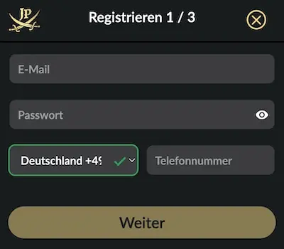 Das Anmeldeformular für JackpotPiraten